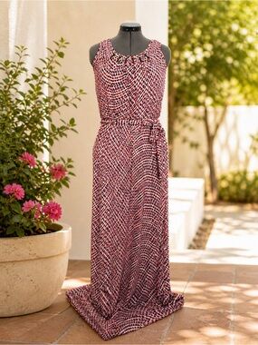 Guess Maxi Dress Size 10 NWT Red Multi Geometric Print Belted Sleeveless